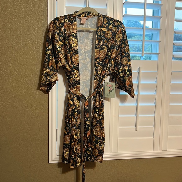 Women’s Robe Short Open Front With Tie Size Medium Kimono Green.& Yellow - Picture 1 of 9
